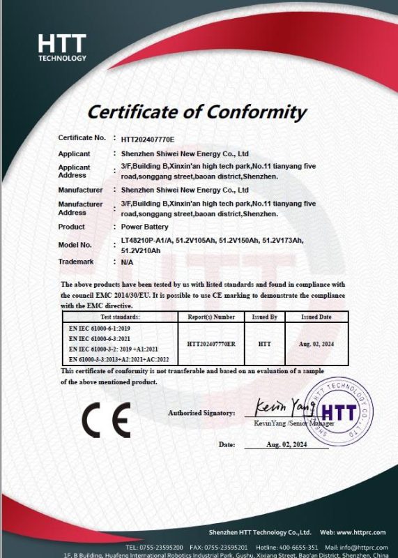 CE Certificate of Conformity for LiFePO4 Battery Pack
