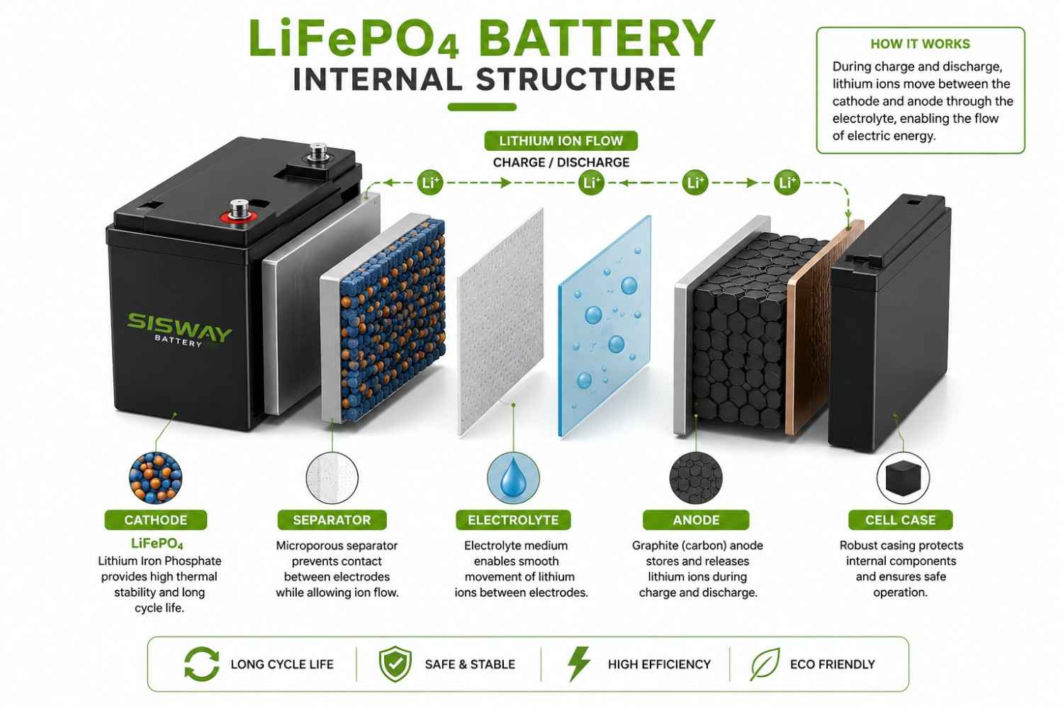 LiFePO4 battery internal structure showing cathode anode separator and electrolyte